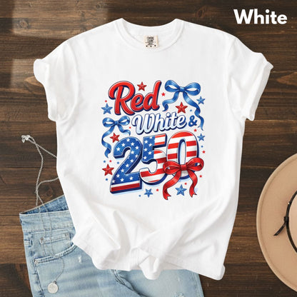 Red White and 250 Comfort Colors T Shirts Cute 4th of July Bow Tee America 250th Graphic Shirt Fourth of July Gifts