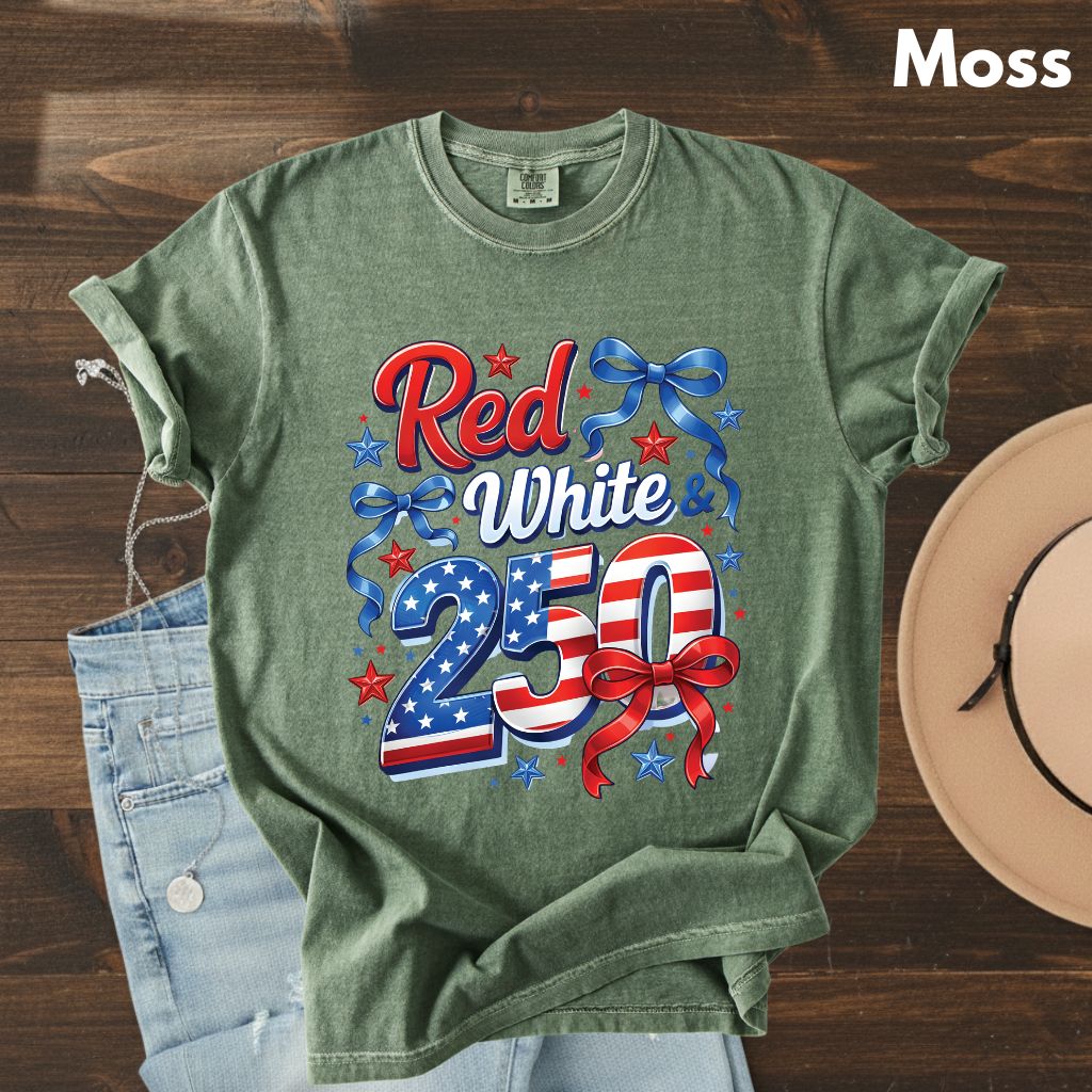 Red White and 250 Comfort Colors T Shirts Cute 4th of July Bow Tee America 250th Graphic Shirt Fourth of July Gifts