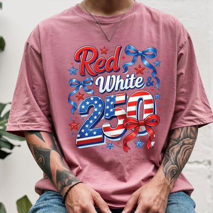 Red White and 250 Comfort Colors T Shirts Cute 4th of July Bow Tee America 250th Graphic Shirt Fourth of July Gifts