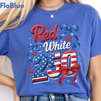 Red White and 250 Comfort Colors T Shirts Cute 4th of July Bow Tee America 250th Graphic Shirt Fourth of July Gifts