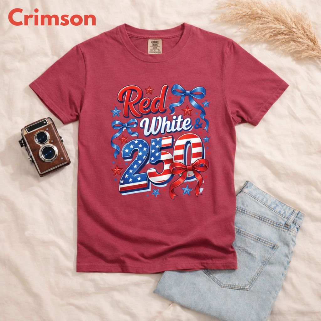 Red White and 250 Comfort Colors T Shirts Cute 4th of July Bow Tee America 250th Graphic Shirt Fourth of July Gifts