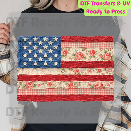 Retro Floral American Flag DTF Transfer Ready to Press Shabby Chic Roses Gingham Heat Transfer for Shirts Patriotic USA UV Sticker Prints