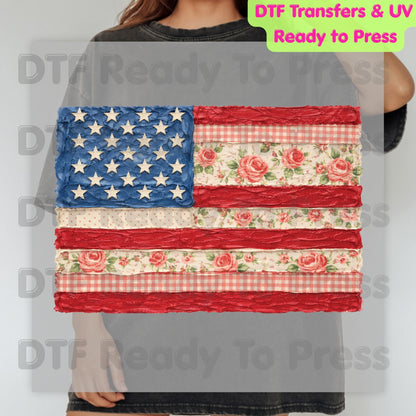 Retro Floral American Flag DTF Transfer Ready to Press Shabby Chic Roses Gingham Heat Transfer for Shirts Patriotic USA UV Sticker Prints