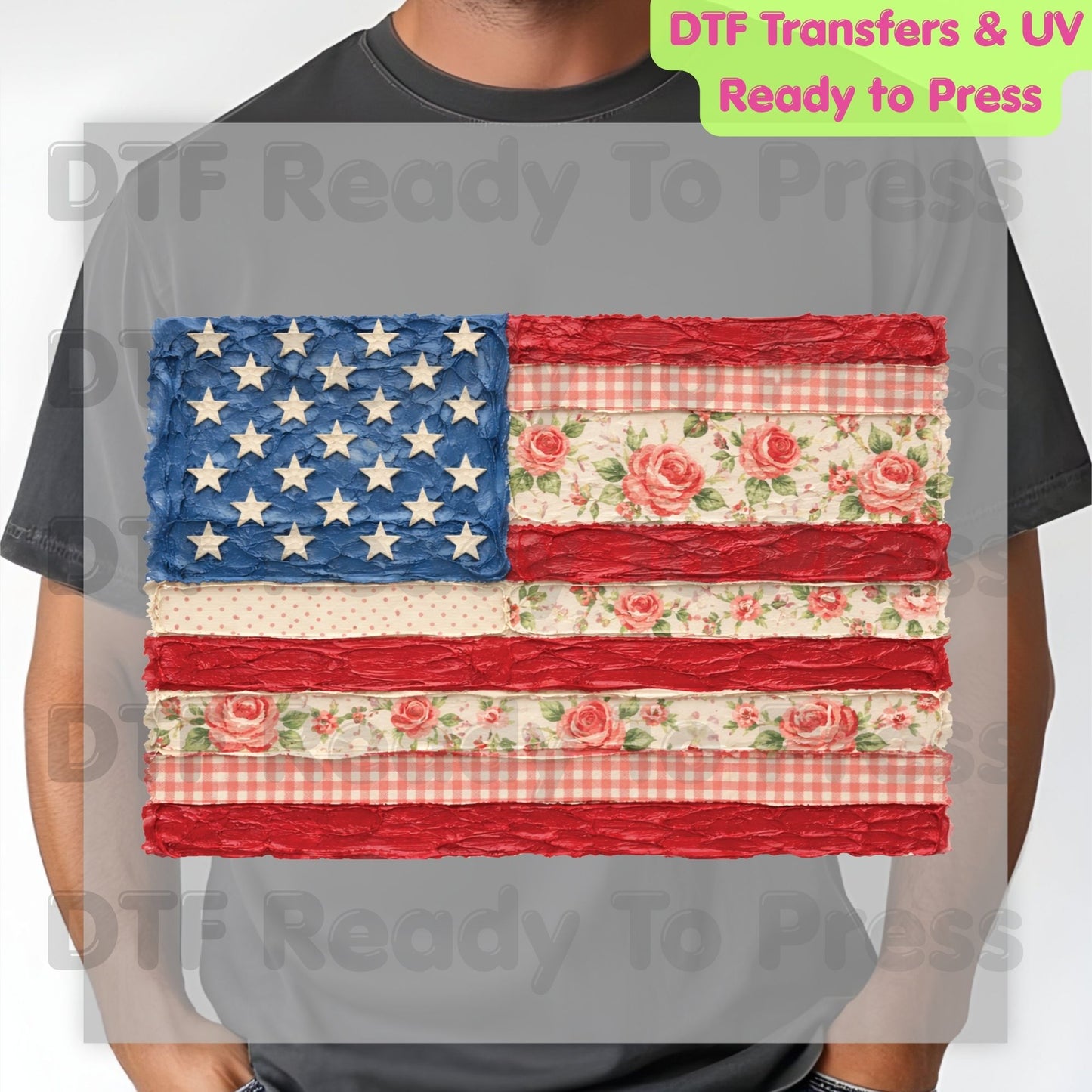 Retro Floral American Flag DTF Transfer Ready to Press Shabby Chic Roses Gingham Heat Transfer for Shirts Patriotic USA UV Sticker Prints