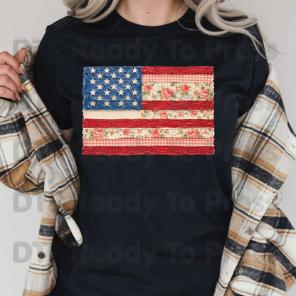 Retro Floral American Flag DTF Transfer Ready to Press Shabby Chic Roses Gingham Heat Transfer for Shirts Patriotic USA UV Sticker Prints