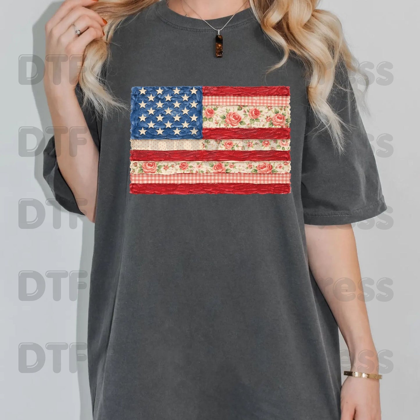 Retro Floral American Flag DTF Transfer Ready to Press Shabby Chic Roses Gingham Heat Transfer for Shirts Patriotic USA UV Sticker Prints