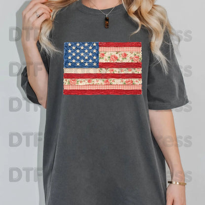 Retro Floral American Flag DTF Transfer Ready to Press Shabby Chic Roses Gingham Heat Transfer for Shirts Patriotic USA UV Sticker Prints