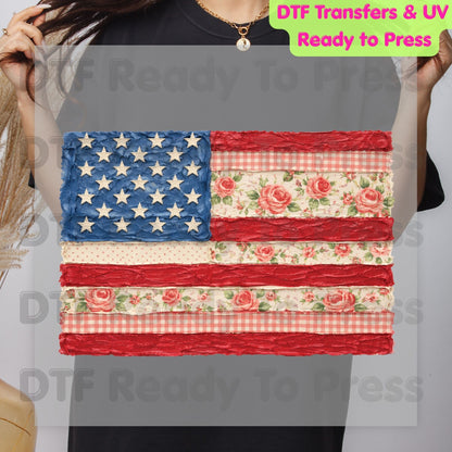 Retro Floral American Flag DTF Transfer Ready to Press Shabby Chic Roses Gingham Heat Transfer for Shirts Patriotic USA UV Sticker Prints
