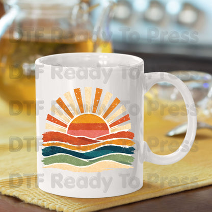 Retro Sunset Ocean Waves DTF Transfer Ready to Press Summer Vacation UV DTF Sticker Beach Landscape Heat Transfer for Shirts