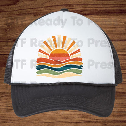 Retro Sunset Ocean Waves DTF Transfer Ready to Press Summer Vacation UV DTF Sticker Beach Landscape Heat Transfer for Shirts