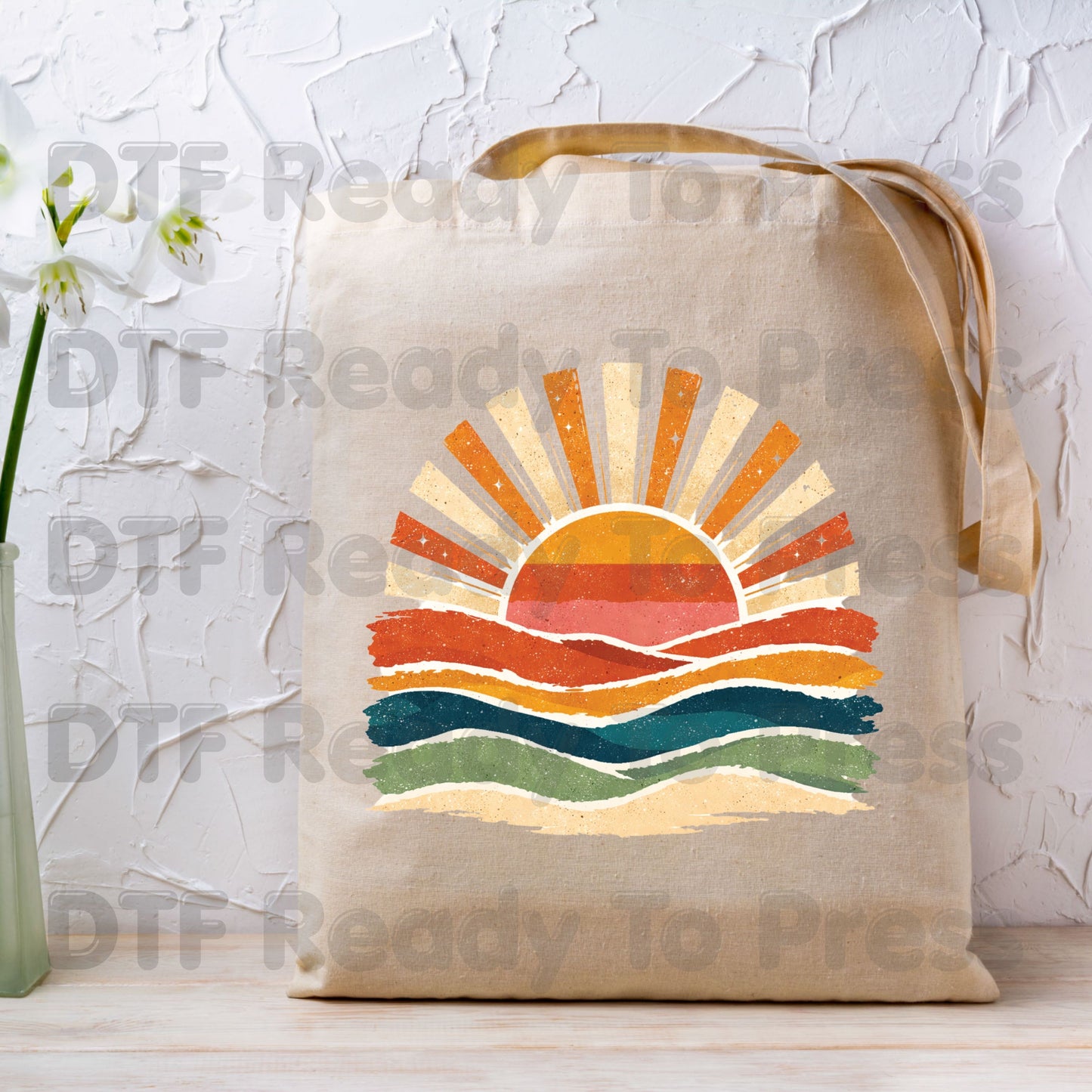 Retro Sunset Ocean Waves DTF Transfer Ready to Press Summer Vacation UV DTF Sticker Beach Landscape Heat Transfer for Shirts
