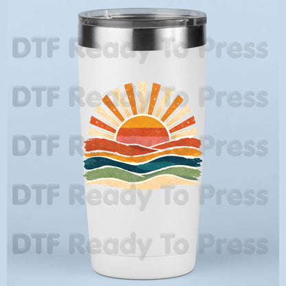 Retro Sunset Ocean Waves DTF Transfer Ready to Press Summer Vacation UV DTF Sticker Beach Landscape Heat Transfer for Shirts