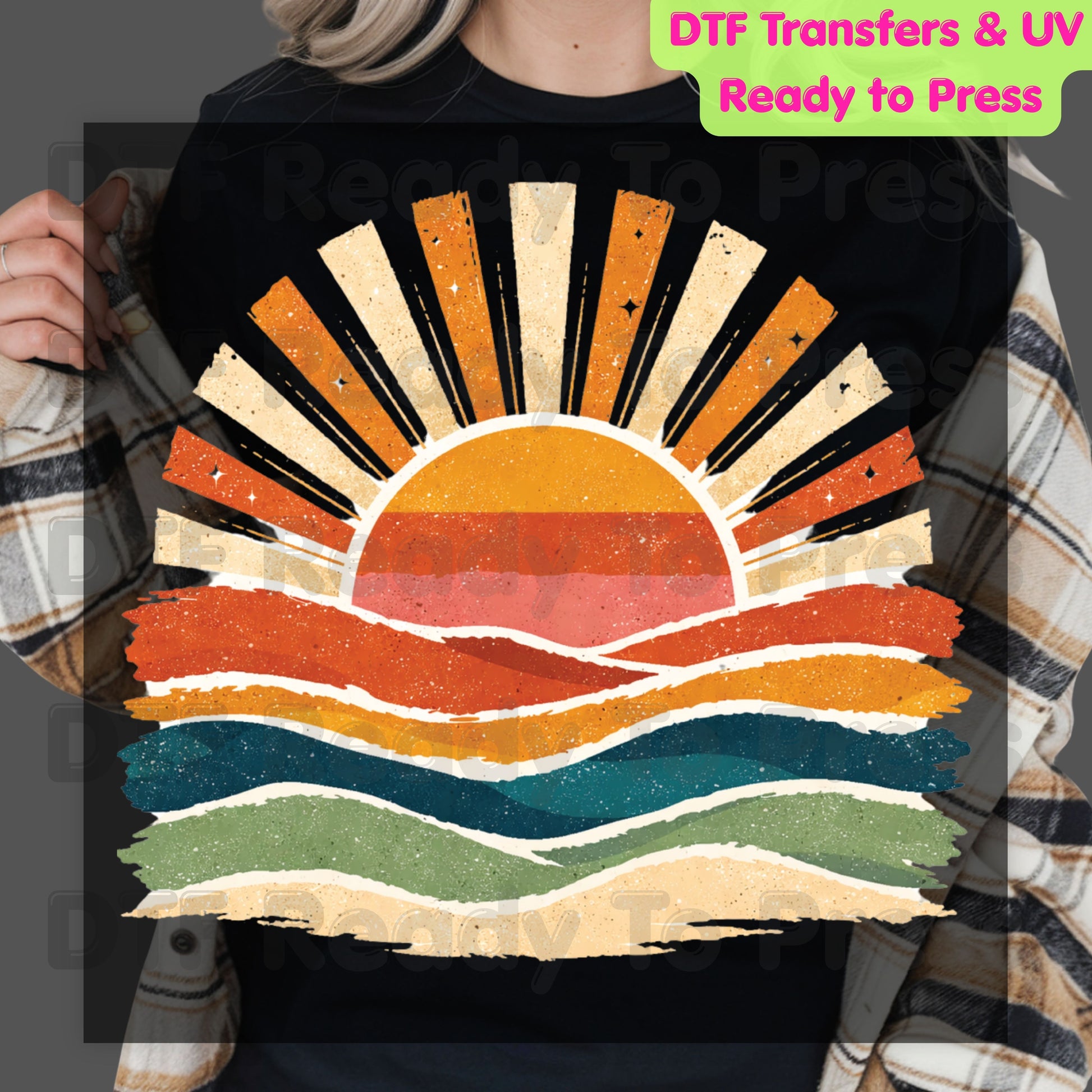 Retro Sunset Ocean Waves DTF Transfer Ready to Press Summer Vacation UV DTF Sticker Beach Landscape Heat Transfer for Shirts