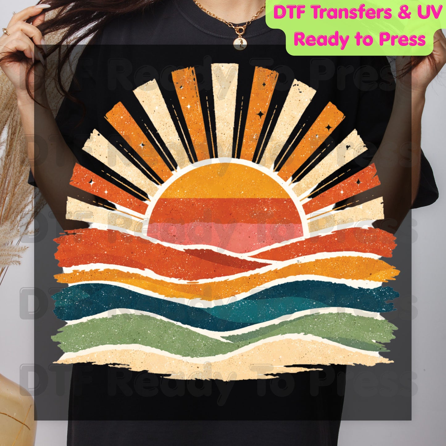 Retro Sunset Ocean Waves DTF Transfer Ready to Press Summer Vacation UV DTF Sticker Beach Landscape Heat Transfer for Shirts
