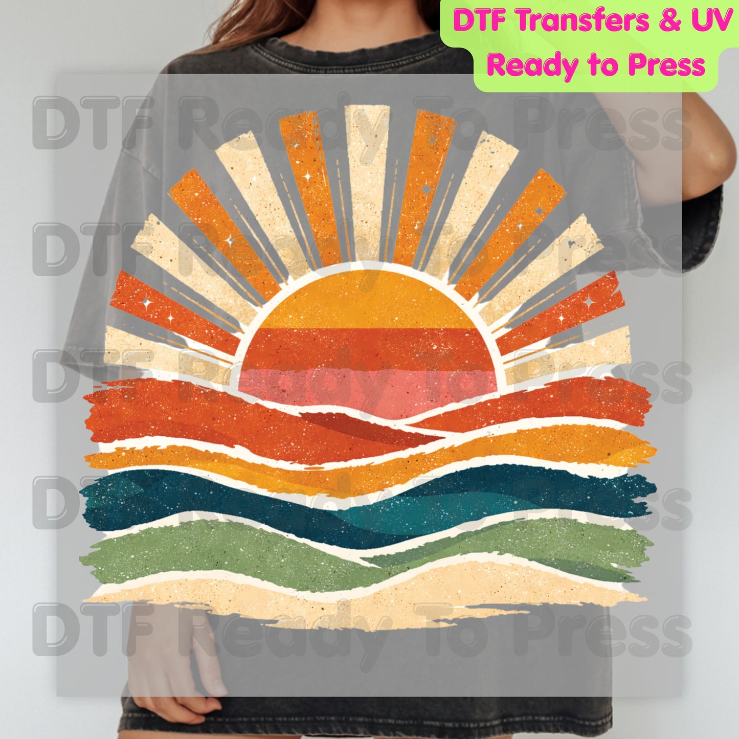 Retro Sunset Ocean Waves DTF Transfer Ready to Press Summer Vacation UV DTF Sticker Beach Landscape Heat Transfer for Shirts