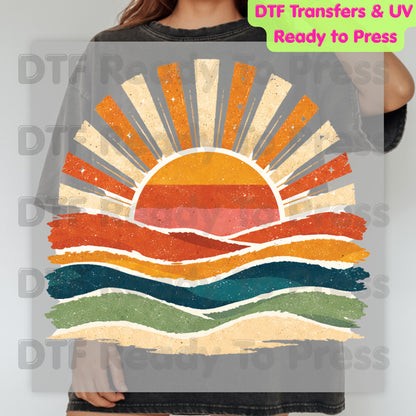 Retro Sunset Ocean Waves DTF Transfer Ready to Press Summer Vacation UV DTF Sticker Beach Landscape Heat Transfer for Shirts