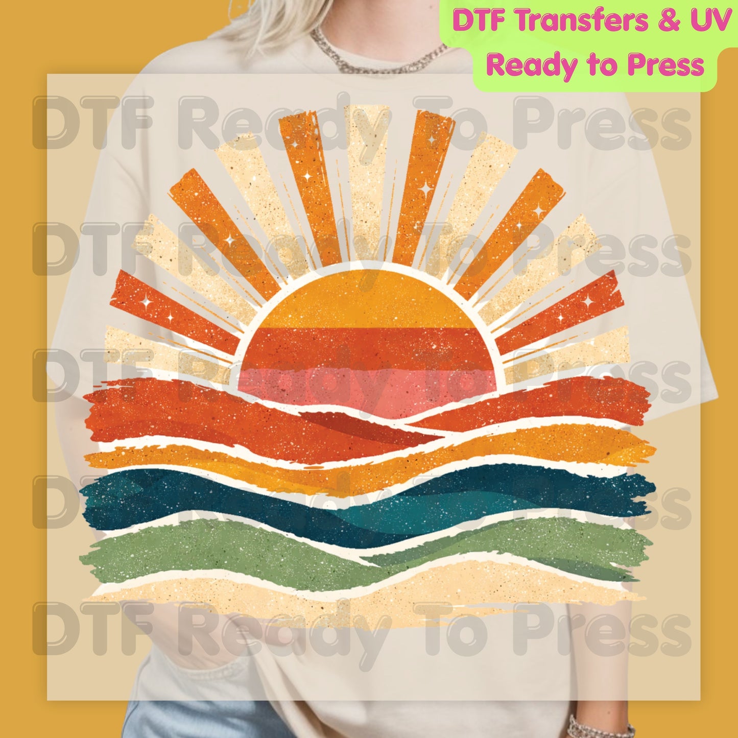 Retro Sunset Ocean Waves DTF Transfer Ready to Press Summer Vacation UV DTF Sticker Beach Landscape Heat Transfer for Shirts