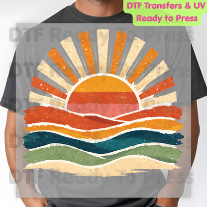 Retro Sunset Ocean Waves DTF Transfer Ready to Press Summer Vacation UV DTF Sticker Beach Landscape Heat Transfer for Shirts