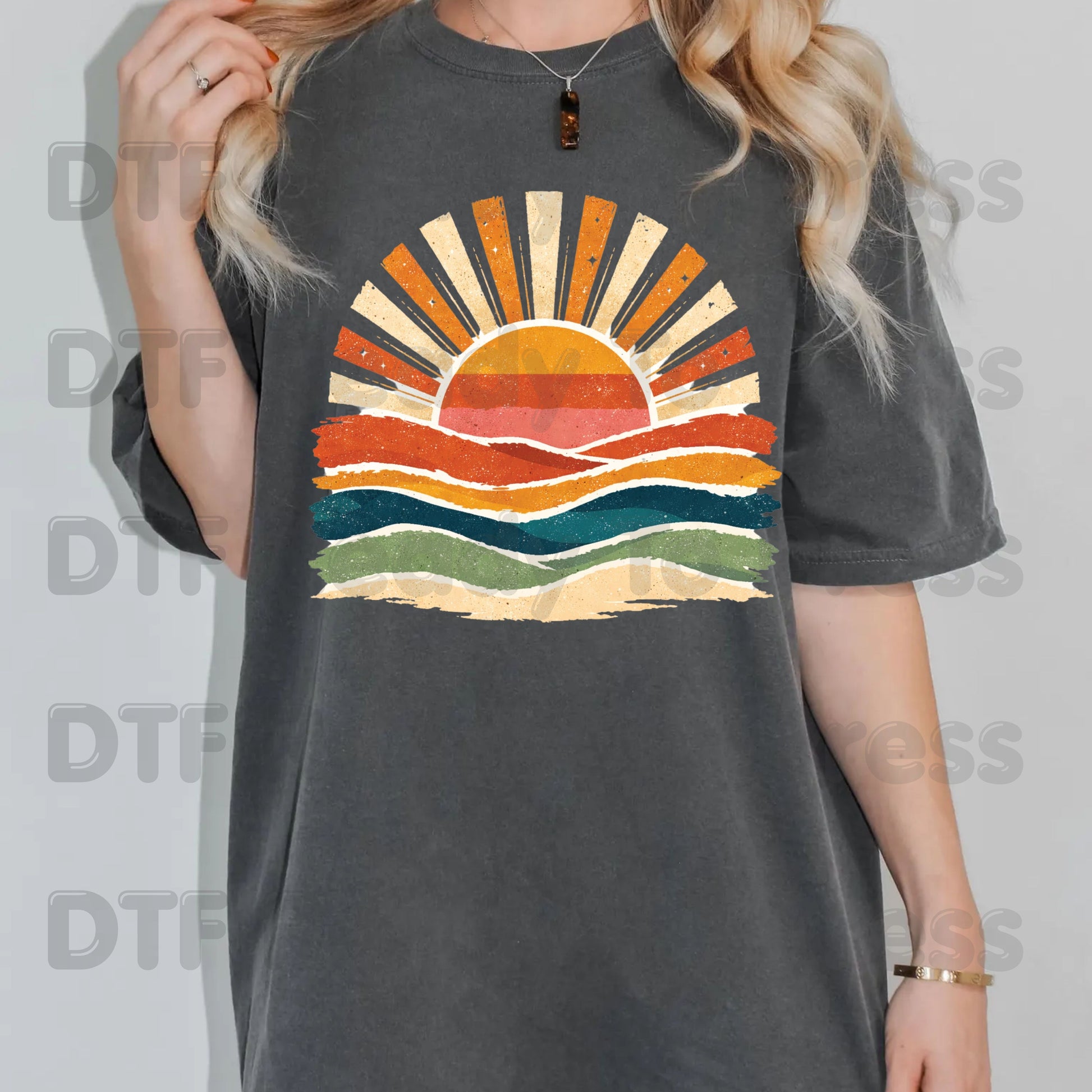 Retro Sunset Ocean Waves DTF Transfer Ready to Press Summer Vacation UV DTF Sticker Beach Landscape Heat Transfer for Shirts