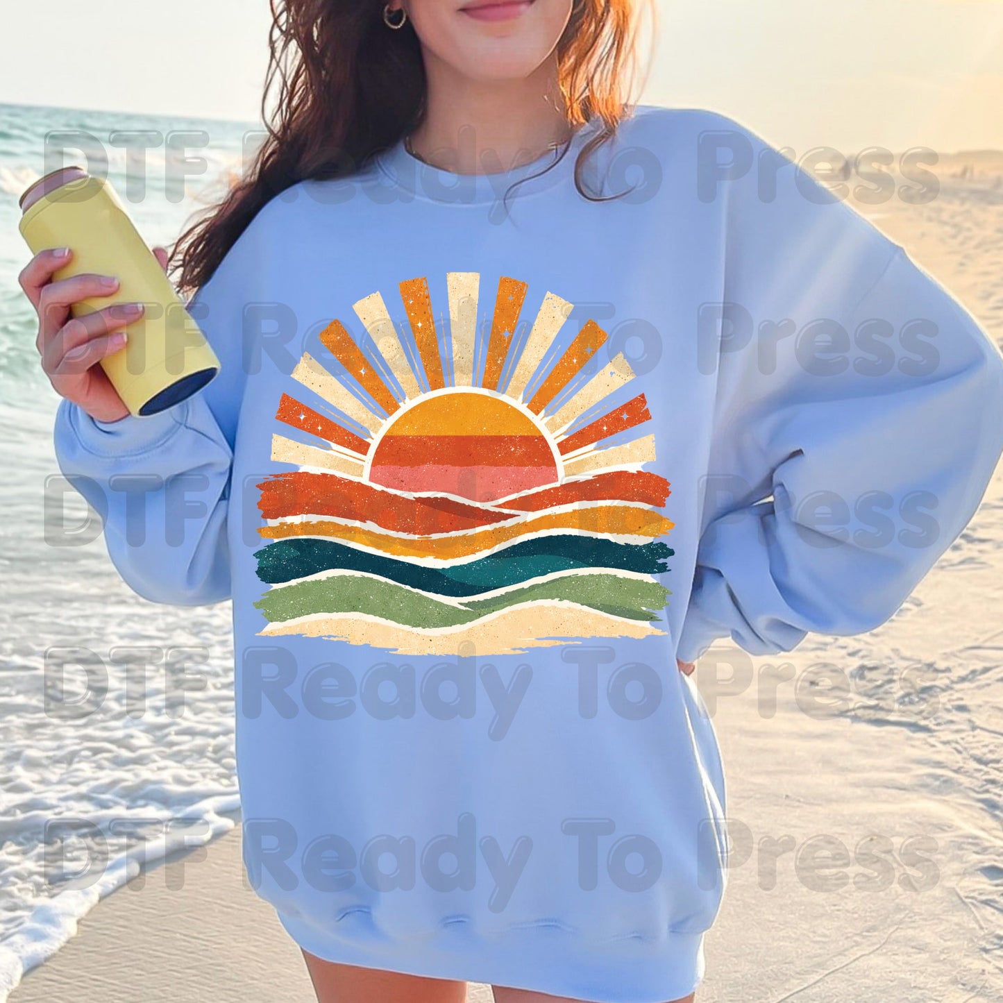 Retro Sunset Ocean Waves DTF Transfer Ready to Press Summer Vacation UV DTF Sticker Beach Landscape Heat Transfer for Shirts