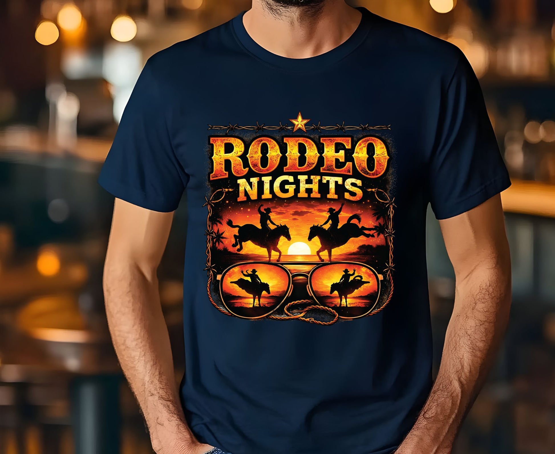 Rodeo Nights T Shirt Adult Youth Toddler Baby Western Graphic Tee Sunset Cowboy Horse Sunglasses Retro Barbed Wire Country Summer Rodeo Gift