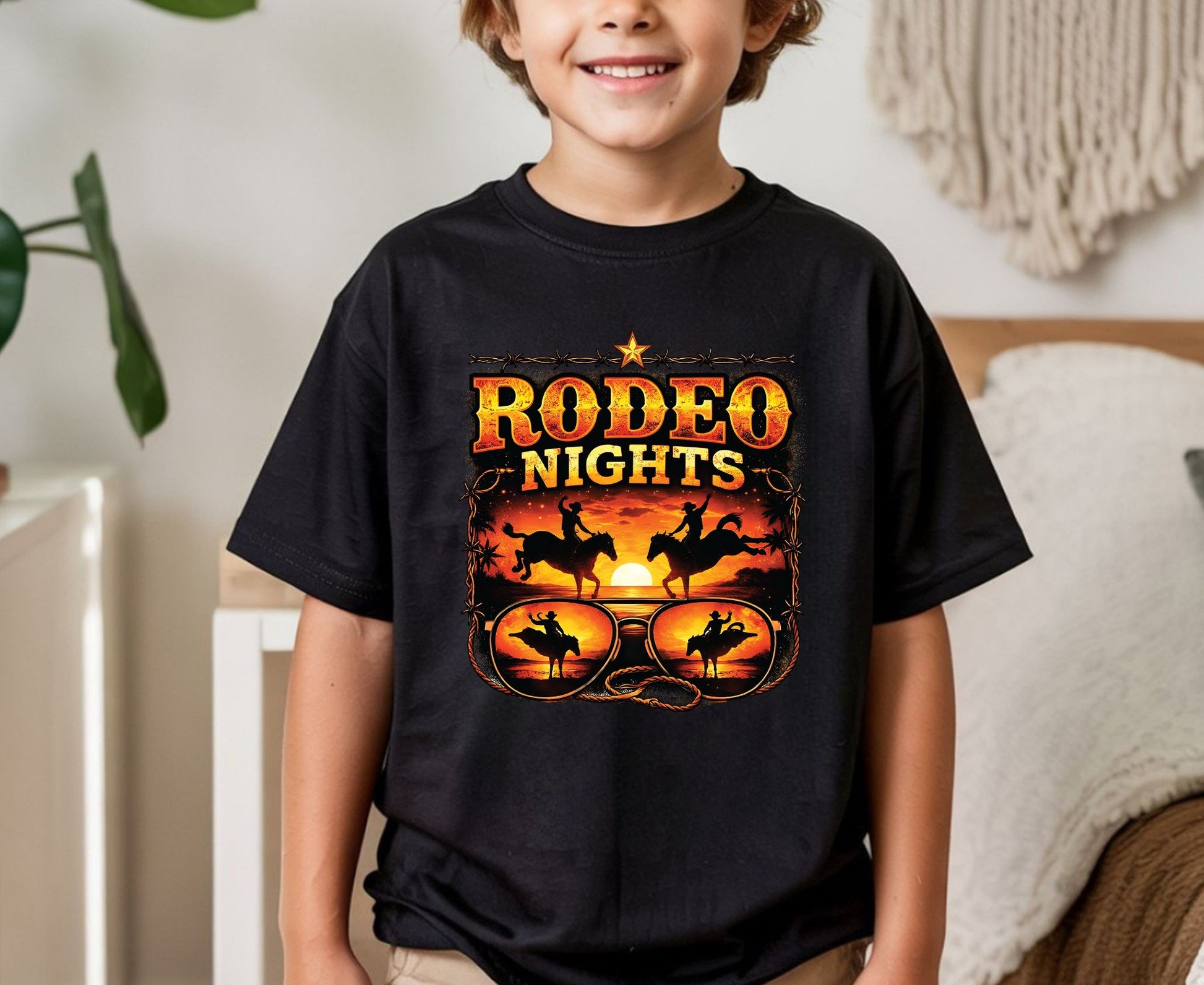 Rodeo Nights T Shirt Adult Youth Toddler Baby Western Graphic Tee Sunset Cowboy Horse Sunglasses Retro Barbed Wire Country Summer Rodeo Gift