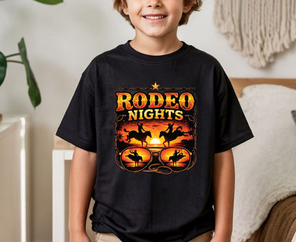 Rodeo Nights T Shirt Adult Youth Toddler Baby Western Graphic Tee Sunset Cowboy Horse Sunglasses Retro Barbed Wire Country Summer Rodeo Gift