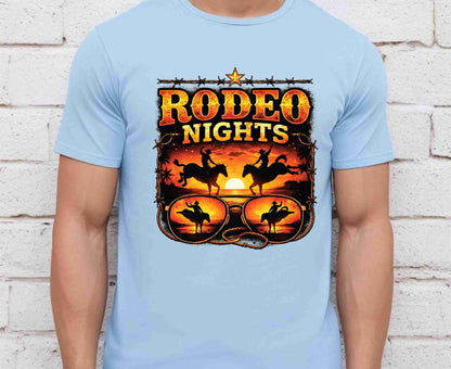 Rodeo Nights T Shirt Adult Youth Toddler Baby Western Graphic Tee Sunset Cowboy Horse Sunglasses Retro Barbed Wire Country Summer Rodeo Gift