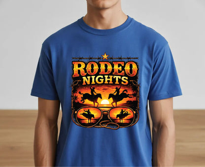 Rodeo Nights T Shirt Adult Youth Toddler Baby Western Graphic Tee Sunset Cowboy Horse Sunglasses Retro Barbed Wire Country Summer Rodeo Gift