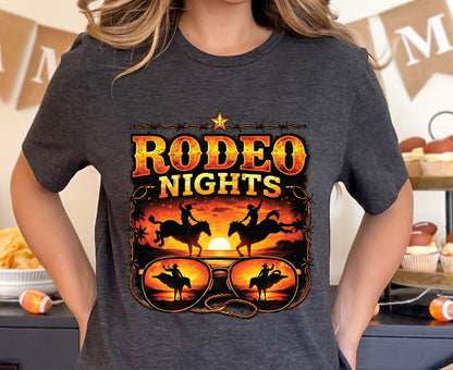 Rodeo Nights T Shirt Adult Youth Toddler Baby Western Graphic Tee Sunset Cowboy Horse Sunglasses Retro Barbed Wire Country Summer Rodeo Gift