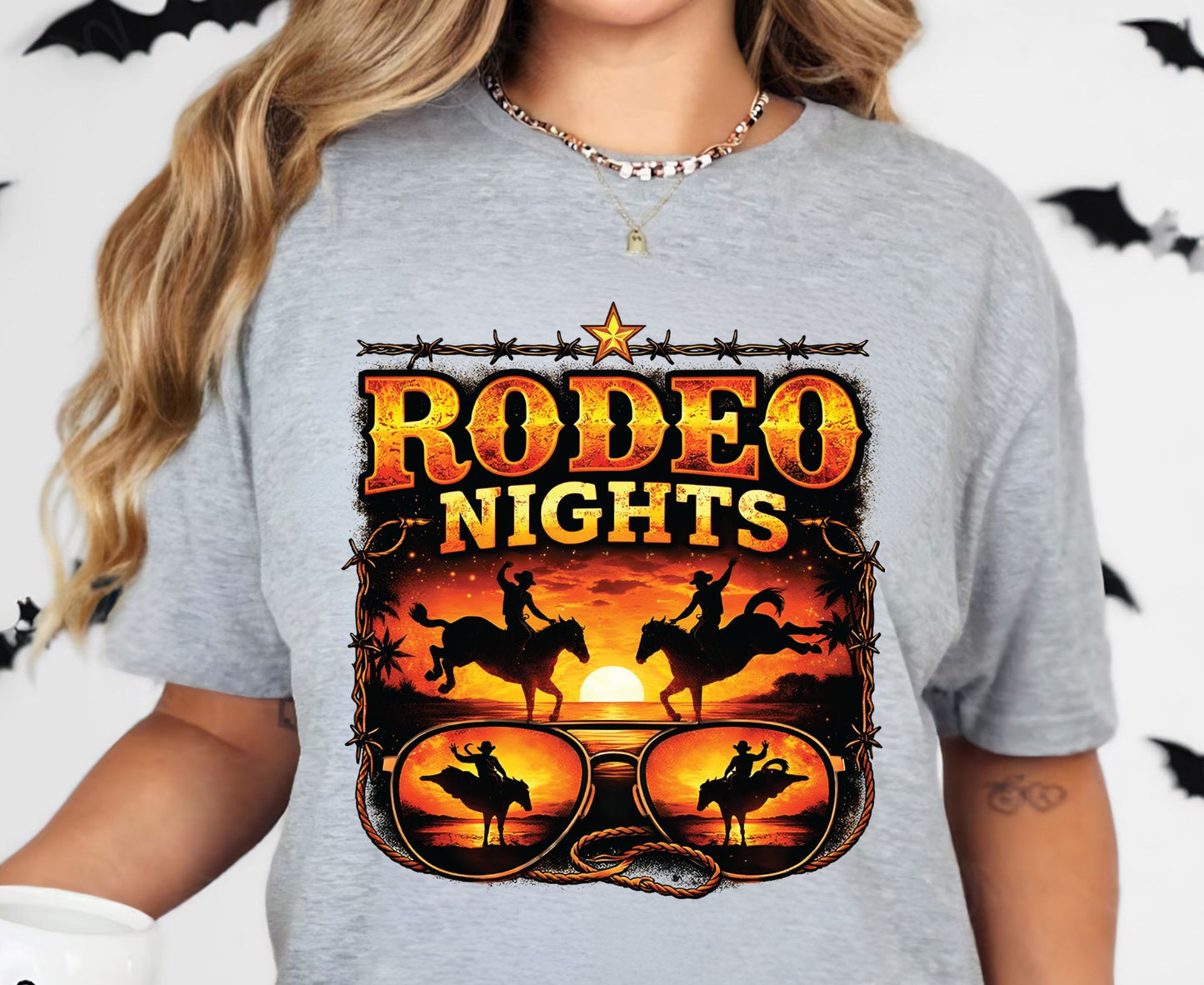 Rodeo Nights T Shirt Adult Youth Toddler Baby Western Graphic Tee Sunset Cowboy Horse Sunglasses Retro Barbed Wire Country Summer Rodeo Gift