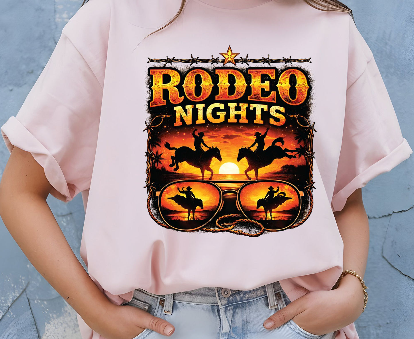 Rodeo Nights T Shirt Adult Youth Toddler Baby Western Graphic Tee Sunset Cowboy Horse Sunglasses Retro Barbed Wire Country Summer Rodeo Gift