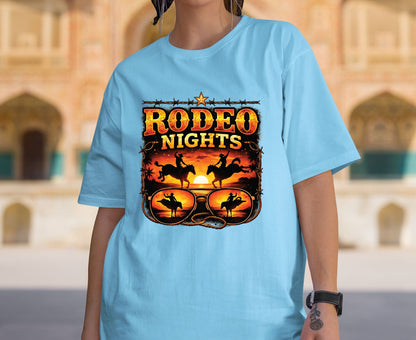 Rodeo Nights T Shirt Adult Youth Toddler Baby Western Graphic Tee Sunset Cowboy Horse Sunglasses Retro Barbed Wire Country Summer Rodeo Gift