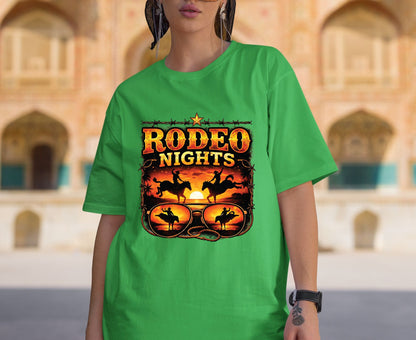 Rodeo Nights T Shirt Adult Youth Toddler Baby Western Graphic Tee Sunset Cowboy Horse Sunglasses Retro Barbed Wire Country Summer Rodeo Gift