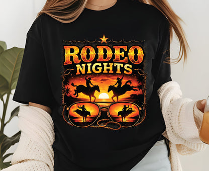 Rodeo Nights T Shirt Adult Youth Toddler Baby Western Graphic Tee Sunset Cowboy Horse Sunglasses Retro Barbed Wire Country Summer Rodeo Gift