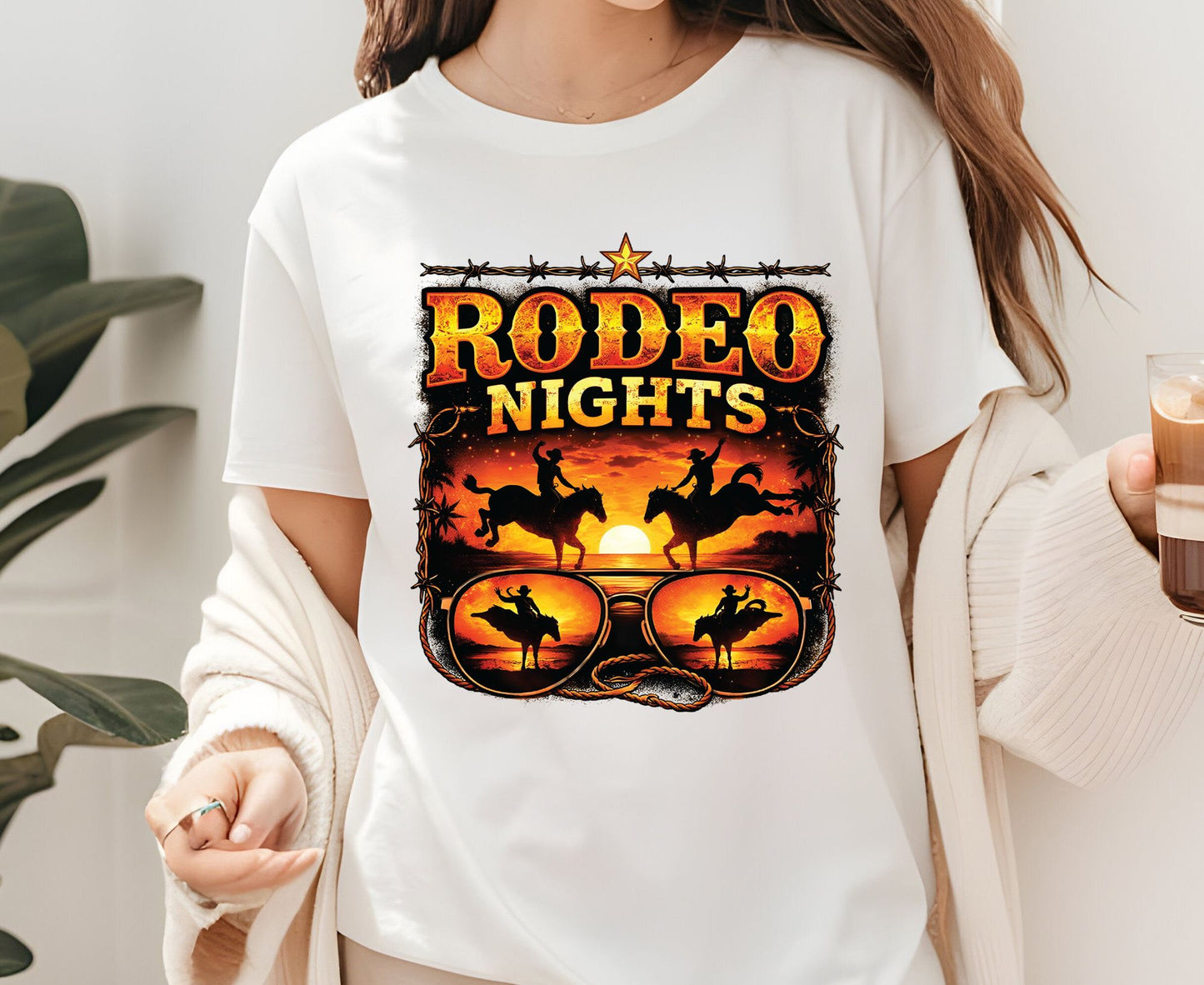 Rodeo Nights T Shirt Adult Youth Toddler Baby Western Graphic Tee Sunset Cowboy Horse Sunglasses Retro Barbed Wire Country Summer Rodeo Gift
