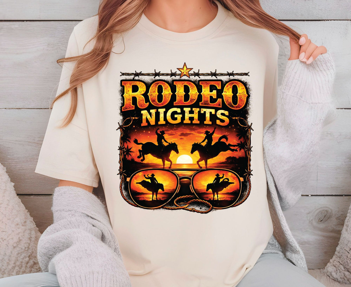 Rodeo Nights T Shirt Adult Youth Toddler Baby Western Graphic Tee Sunset Cowboy Horse Sunglasses Retro Barbed Wire Country Summer Rodeo Gift
