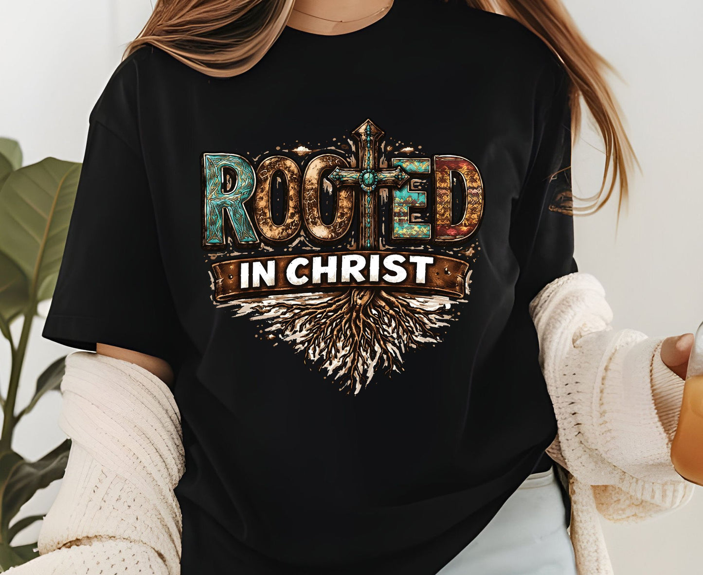 Rooted In Christ T Shirt Western Christian Cross Tee Religious Faith Shirt Gift For Her Adult Youth Toddler Baby Boho Spiritual Apparel