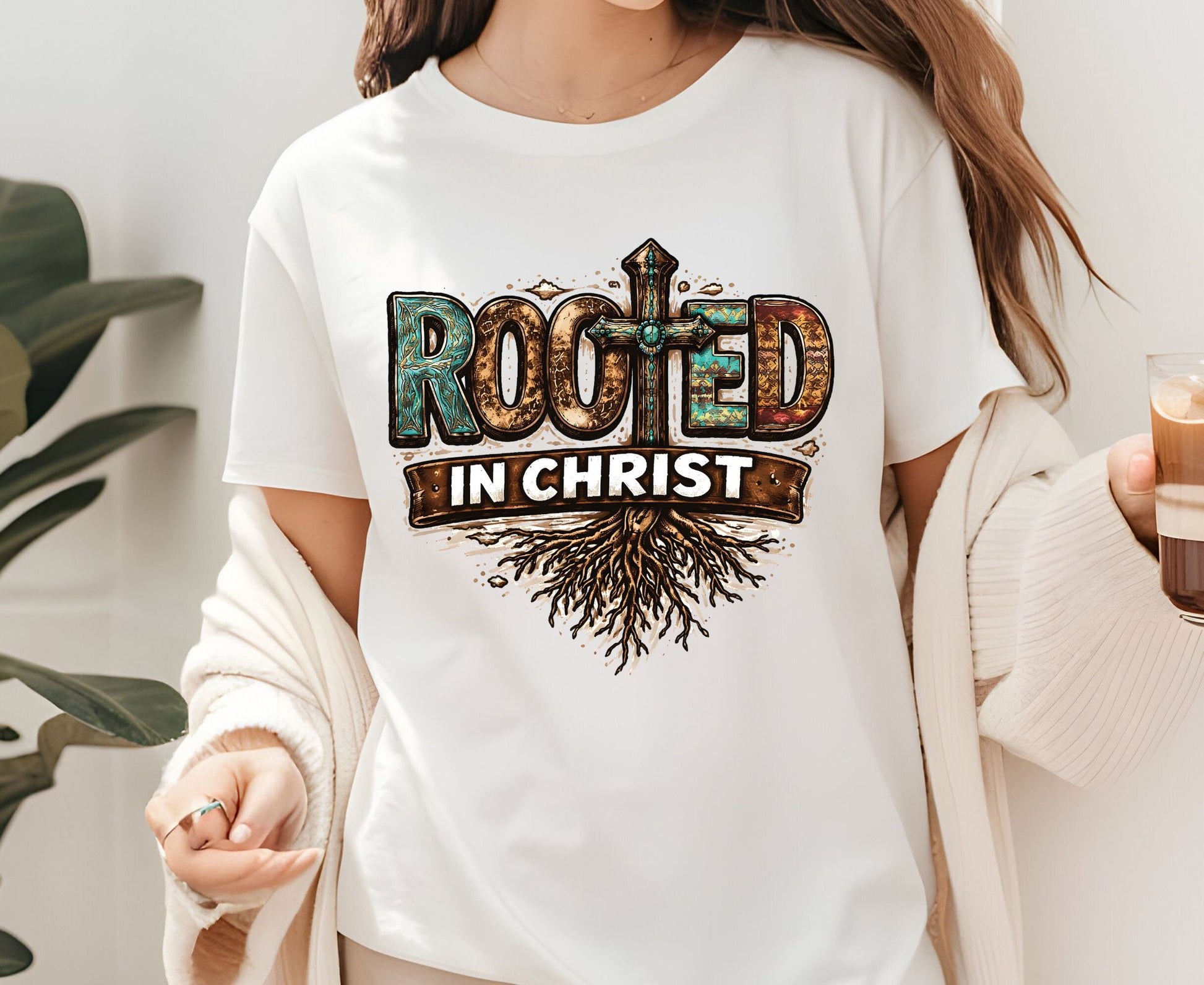 Rooted In Christ T Shirt Western Christian Cross Tee Religious Faith Shirt Gift For Her Adult Youth Toddler Baby Boho Spiritual Apparel
