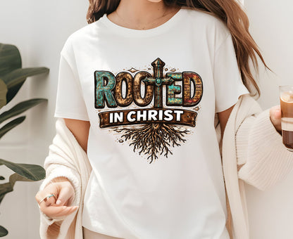 Rooted In Christ T Shirt Western Christian Cross Tee Religious Faith Shirt Gift For Her Adult Youth Toddler Baby Boho Spiritual Apparel