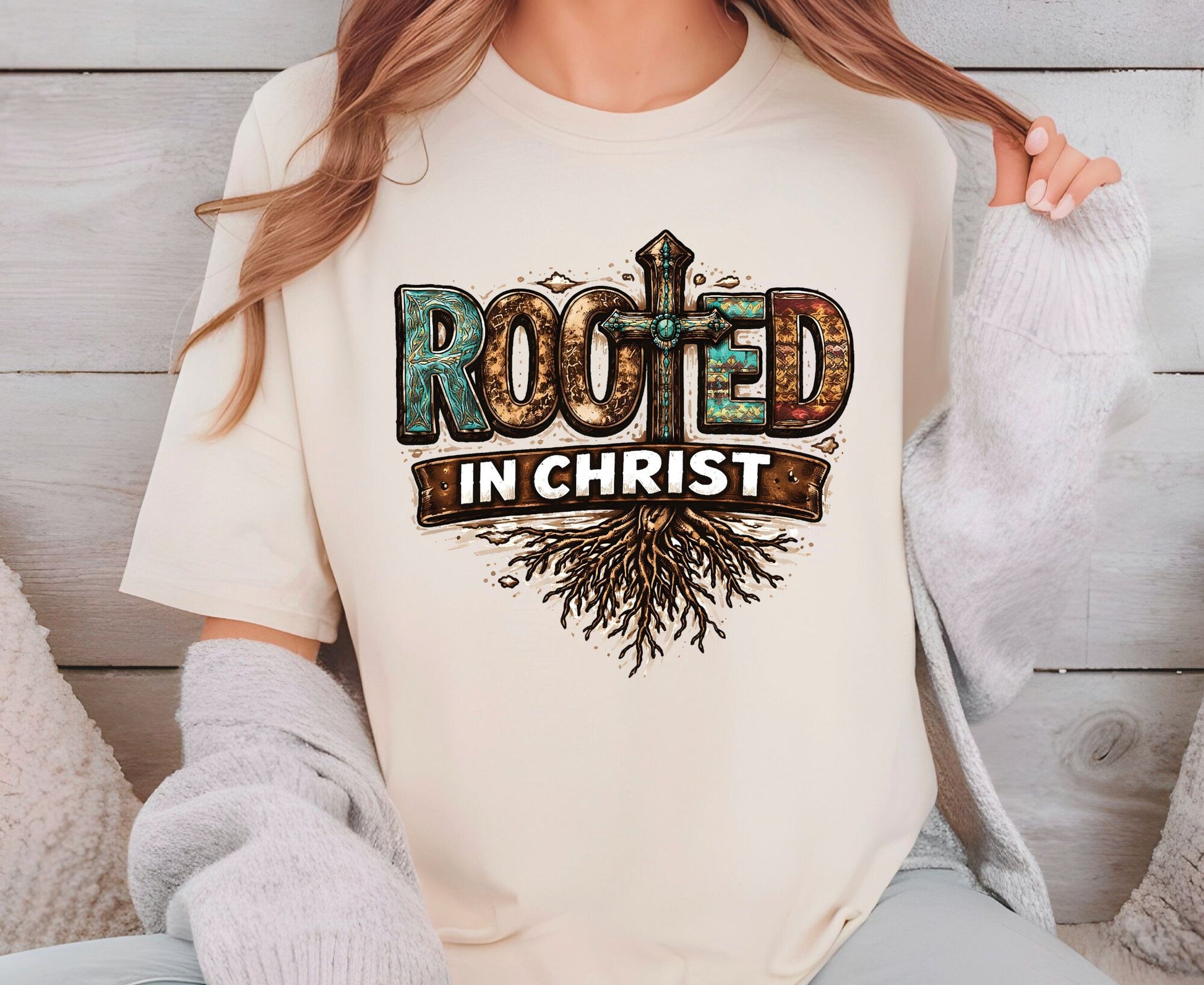 Rooted In Christ T Shirt Western Christian Cross Tee Religious Faith Shirt Gift For Her Adult Youth Toddler Baby Boho Spiritual Apparel