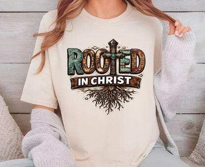 Rooted In Christ T Shirt Western Christian Cross Tee Religious Faith Shirt Gift For Her Adult Youth Toddler Baby Boho Spiritual Apparel