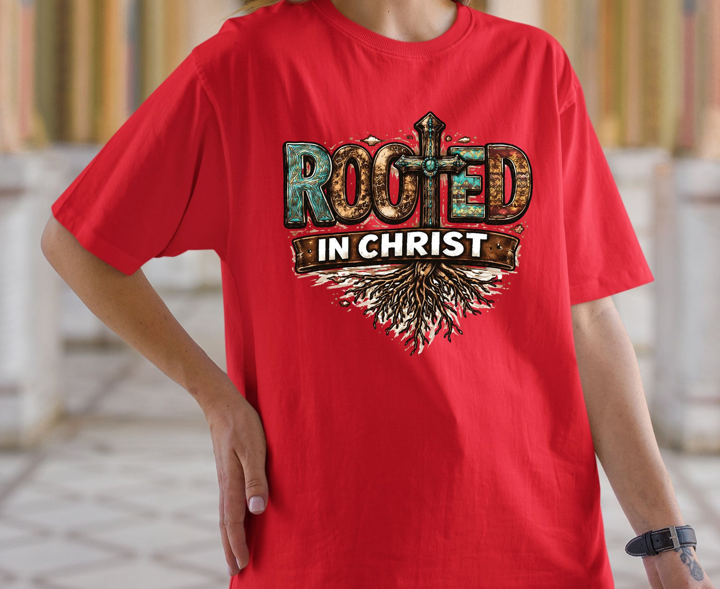 Rooted In Christ T Shirt Western Christian Cross Tee Religious Faith Shirt Gift For Her Adult Youth Toddler Baby Boho Spiritual Apparel