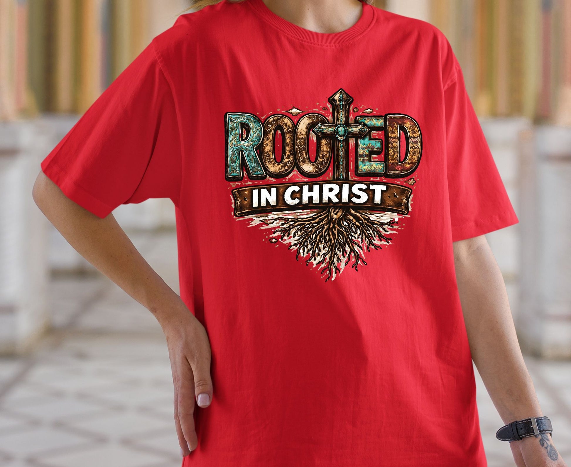 Rooted In Christ T Shirt Western Christian Cross Tee Religious Faith Shirt Gift For Her Adult Youth Toddler Baby Boho Spiritual Apparel