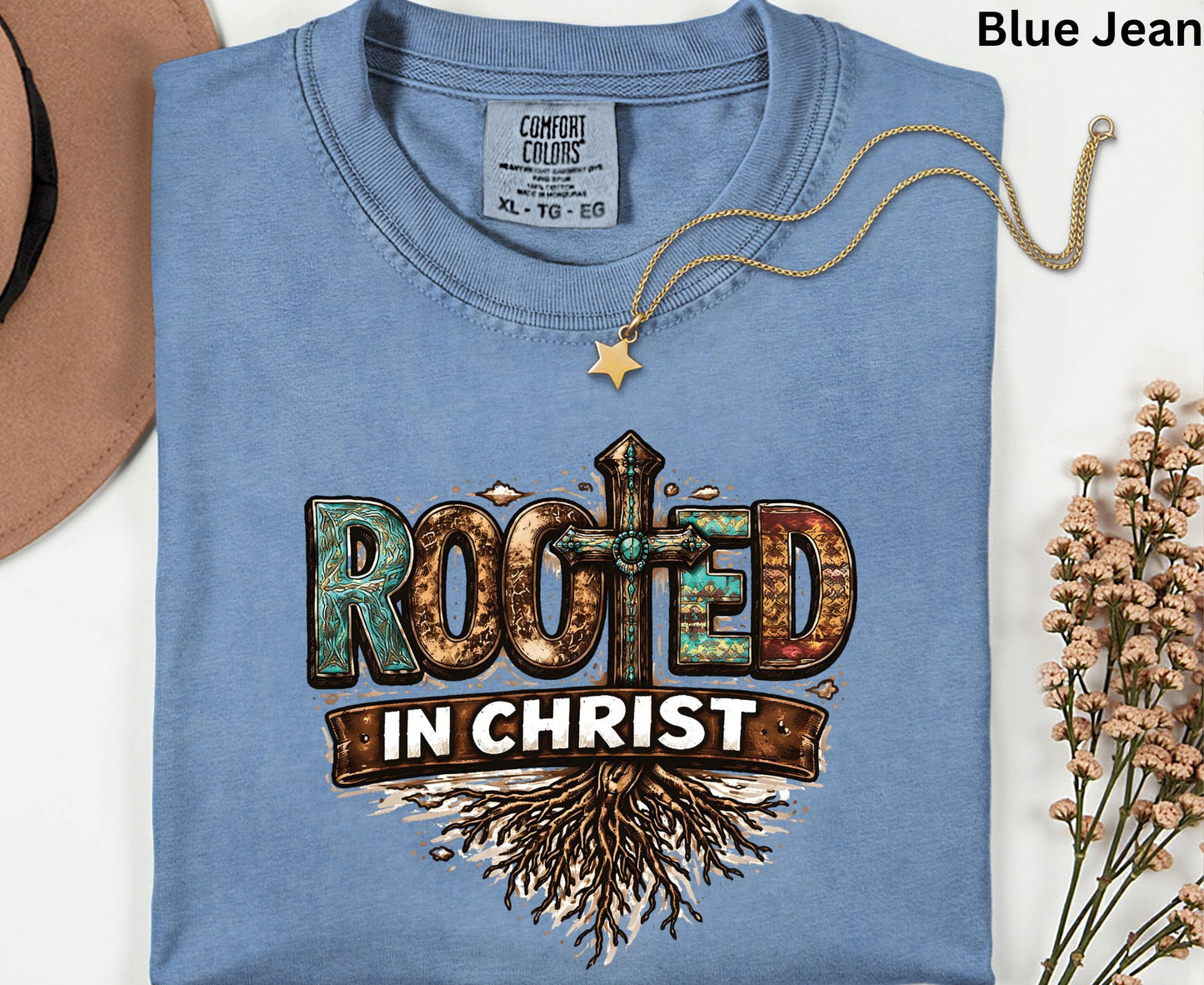Rooted In Christ T Shirt Western Christian Cross Tee Religious Faith Shirt Gift For Her Adult Youth Toddler Baby Boho Spiritual Apparel