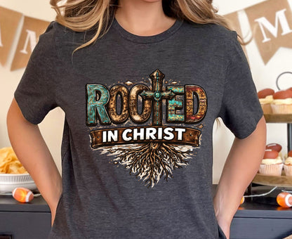 Rooted In Christ T Shirt Western Christian Cross Tee Religious Faith Shirt Gift For Her Adult Youth Toddler Baby Boho Spiritual Apparel