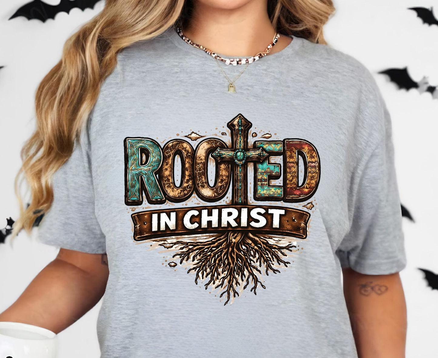 Rooted In Christ T Shirt Western Christian Cross Tee Religious Faith Shirt Gift For Her Adult Youth Toddler Baby Boho Spiritual Apparel