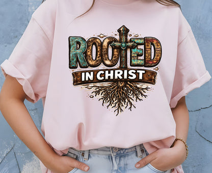 Rooted In Christ T Shirt Western Christian Cross Tee Religious Faith Shirt Gift For Her Adult Youth Toddler Baby Boho Spiritual Apparel