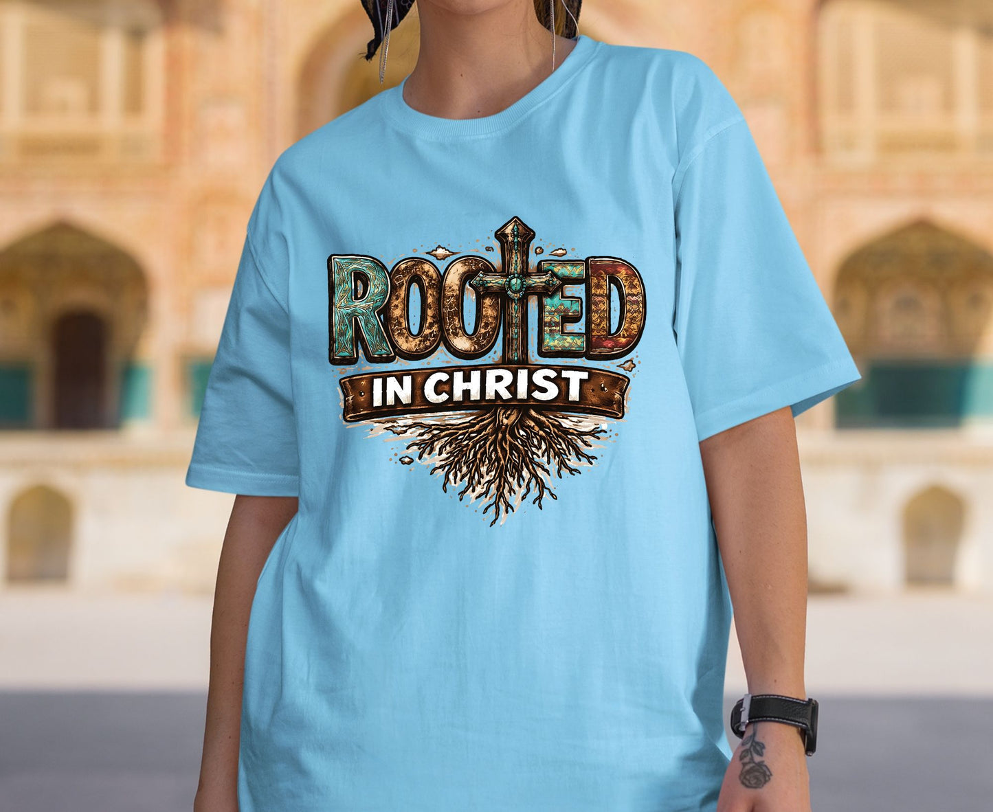 Rooted In Christ T Shirt Western Christian Cross Tee Religious Faith Shirt Gift For Her Adult Youth Toddler Baby Boho Spiritual Apparel