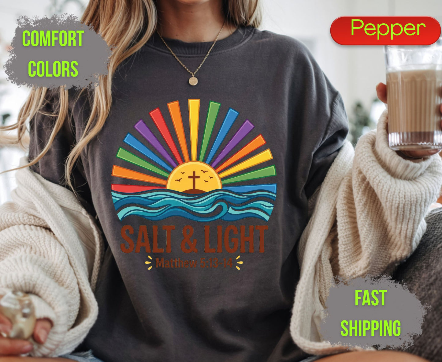 Salt & Light Comfort Colors T Shirts Cute Christian Ocean Wave Tee Colorful Rainbow Sunburst Shirt Religious Scripture Matthew 5 13 14 Gifts